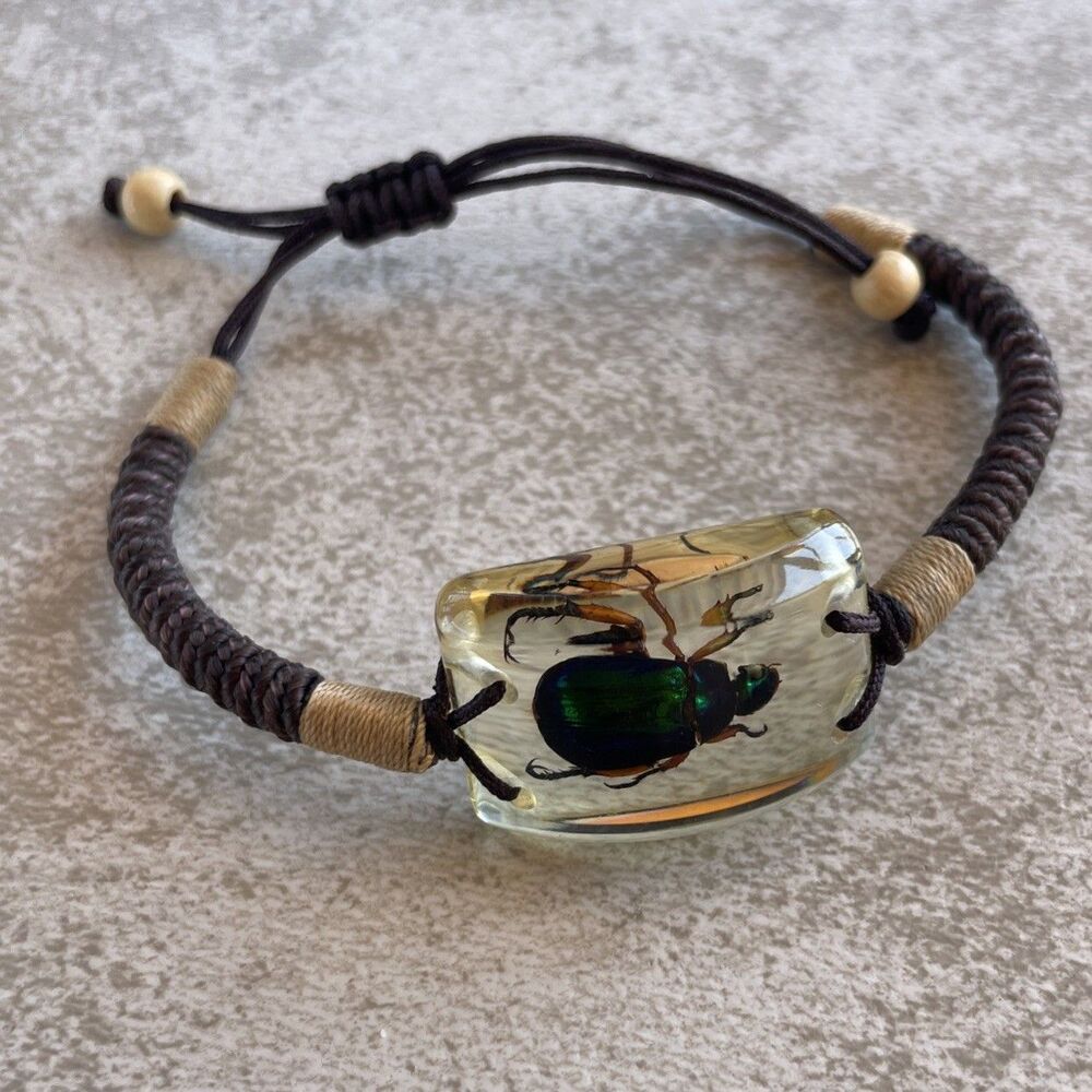 Adjustable Brown Tan Macrame Insect Bracelet- Real Insect In Resin- Beetle